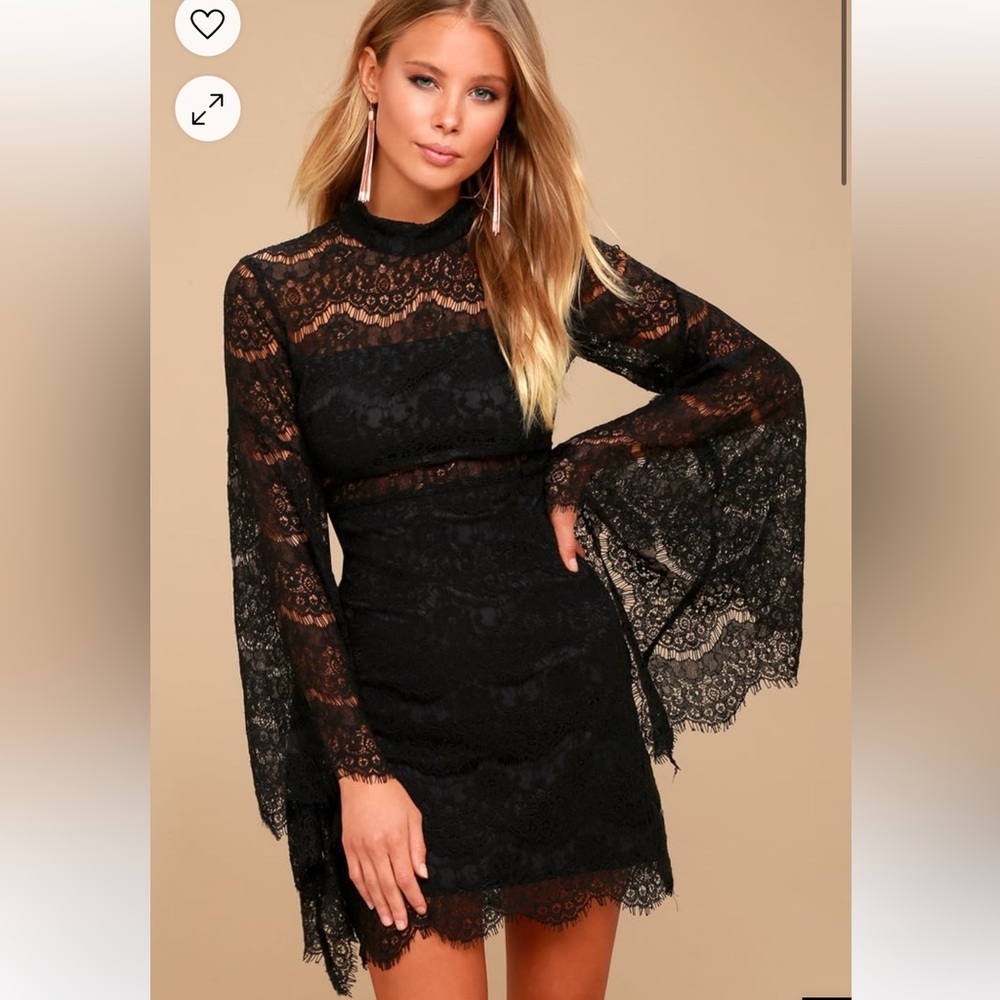 Lulus Bewitching Babe Black Lace Bell Sleeve Dress